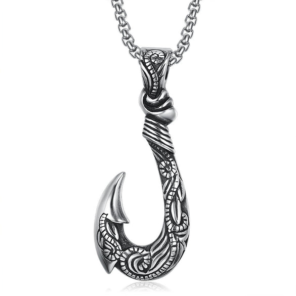 Retro Stainless Steel Fishhook Pendant Necklace Titanium Steel Fishhook Shape Pendant With Square Pearl Chain For Men And Women