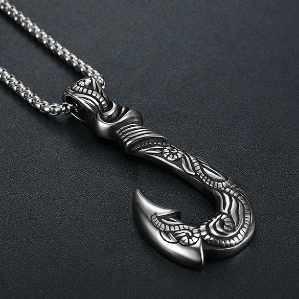 Retro Stainless Steel Fishhook Pendant Necklace Titanium Steel Fishhook Shape Pendant With Square Pearl Chain For Men And Women