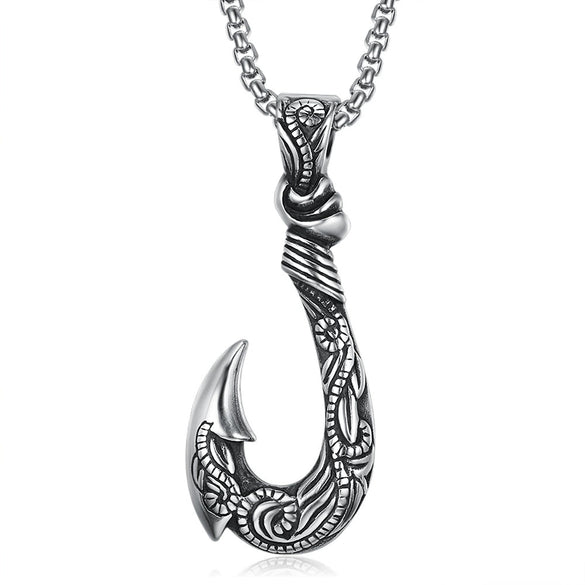 Retro Stainless Steel Fishhook Pendant Necklace Titanium Steel Fishhook Shape Pendant With Square Pearl Chain For Men And Women