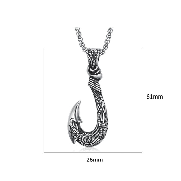 Retro Stainless Steel Fishhook Pendant Necklace Titanium Steel Fishhook Shape Pendant With Square Pearl Chain For Men And Women