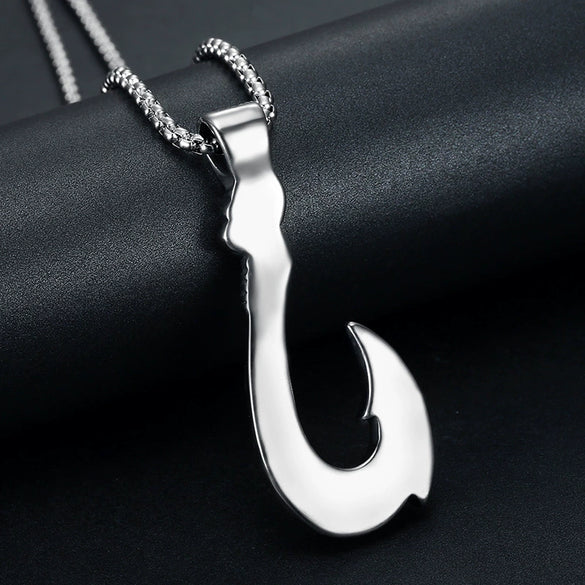 Retro Stainless Steel Fishhook Pendant Necklace Titanium Steel Fishhook Shape Pendant With Square Pearl Chain For Men And Women