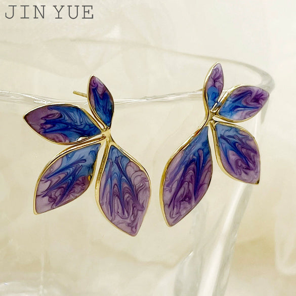 Retro Stainless Steel Geometric Leaf Shape Painted Electroplated Earrings