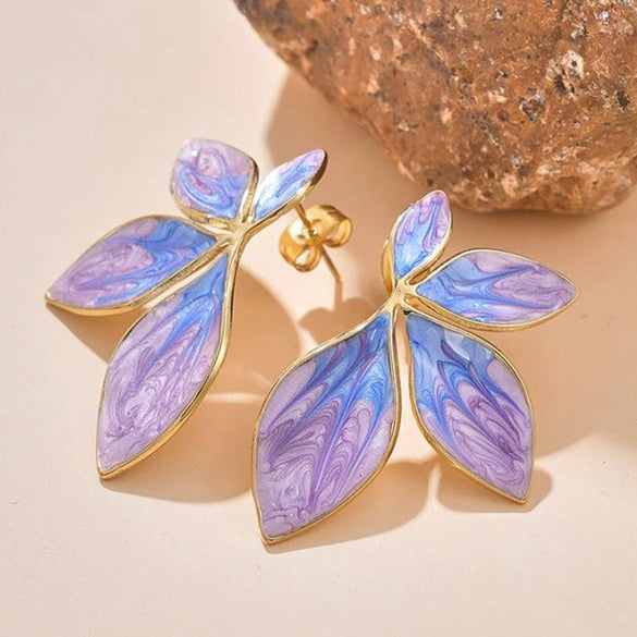 Retro Stainless Steel Geometric Leaf Shape Painted Electroplated Earrings