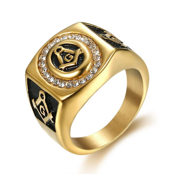Retro Stainless Steel Masonic Ring With Diamond Detail And Lettered Symbol Design Unisex Jewelry