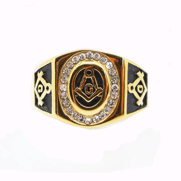 Retro Stainless Steel Masonic Ring With Diamond Detail And Lettered Symbol Design Unisex Jewelry