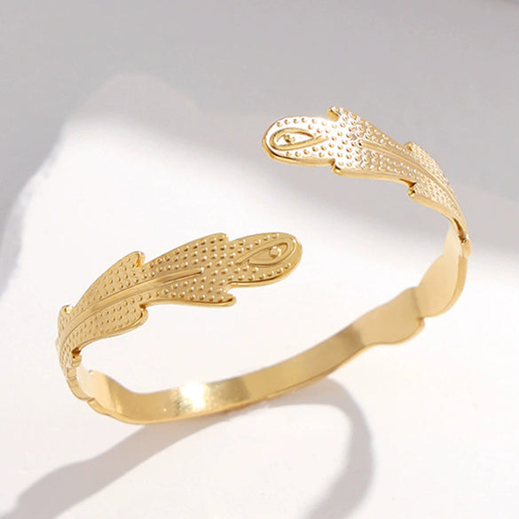 Retro Stainless Steel Open Bracelet With Feather And Cross Design Electroplated For Female
