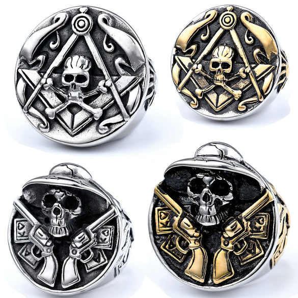 Retro Stainless Steel Round Skull Ring With Speech Logo Text Design For Men And Unisex