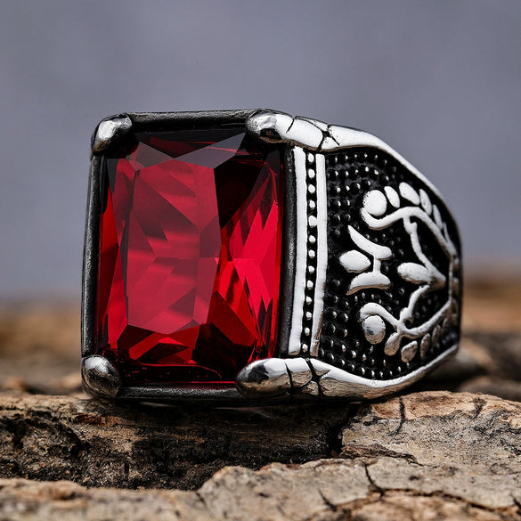 Retro Stainless Steel Tulip Gemstone Inlaid Nesting Ring With Leaf Pattern Unisex Fashion Jewelry