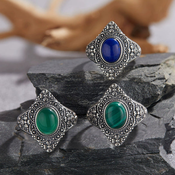 Retro 225 Sterling Silver Ring Inlaid With Natural Malachite Lapis Lazuli Chrysoprase Set With Precious Stones With Animals Zodiac Pattern For Women
