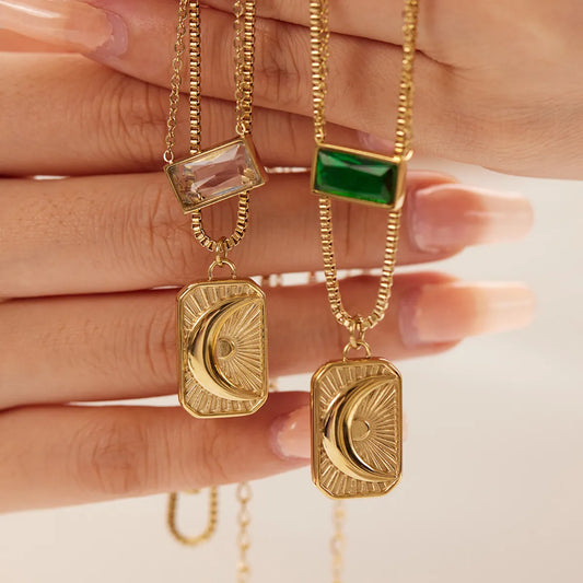 Retro Streetwear Geometric Moon Stainless Steel Stainless Steel Plating Inlay Zircon Double Layer Necklaces