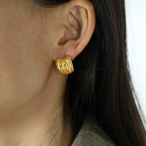 Retro Striped 316L Stainless Steel Round Pumpkin Earrings For Women Electroplated With 18K Gold