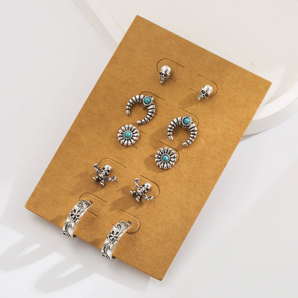 Retro Style Alloy Turquoise Earrings Set With Skull Horn Oval Geometric And Animal Zodiac Design For Women
