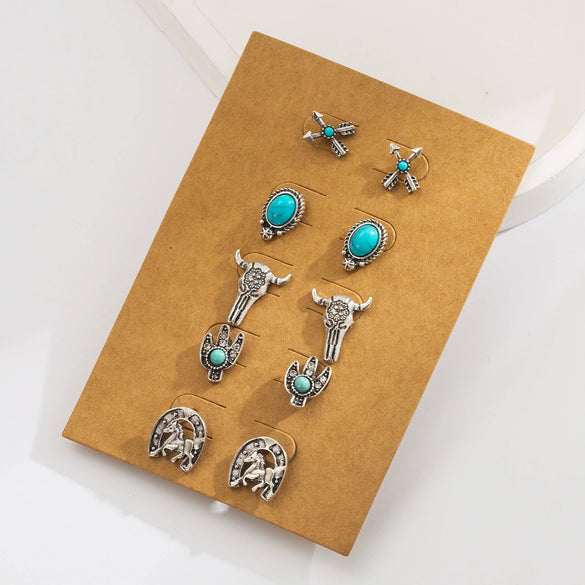 Retro Style Alloy Turquoise Earrings Set With Skull Horn Oval Geometric And Animal Zodiac Design For Women