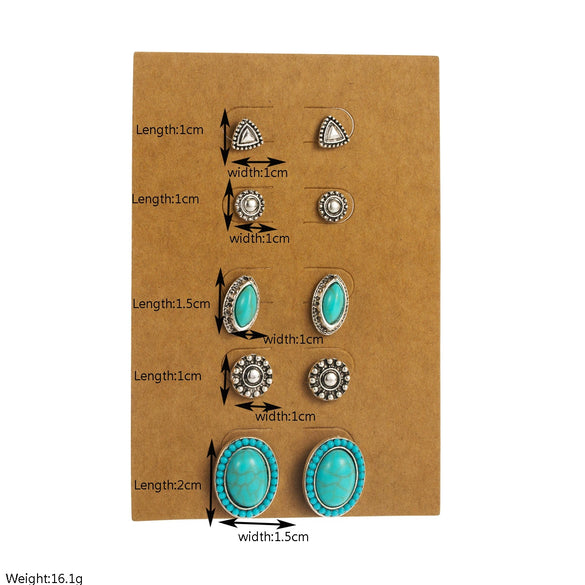 Retro Style Alloy Turquoise Earrings Set With Skull Horn Oval Geometric And Animal Zodiac Design For Women