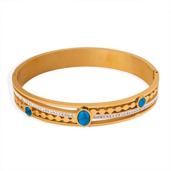 Retro Style Blue Turquoise Inlaid Zircon Buckle Hollow Bracelet Titanium Steel Gold Plated Electroplated