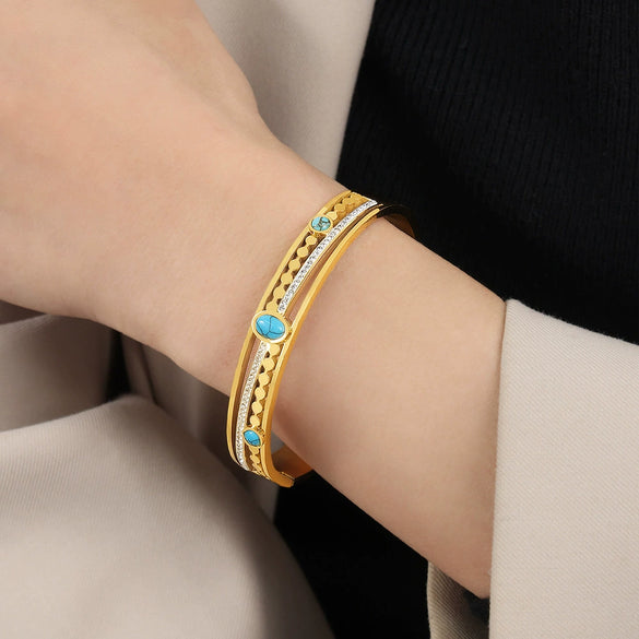 Retro Style Blue Turquoise Inlaid Zircon Buckle Hollow Bracelet Titanium Steel Gold Plated Electroplated