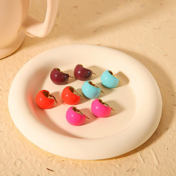 Retro Style Cshaped Stainless Steel Colorful Dripping Ball Fashion Earrings With Electroplating For Women Geometric Design