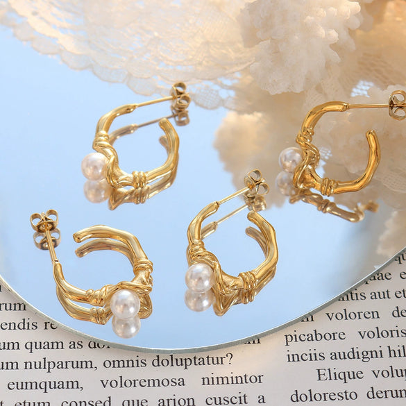 Retro Style Geometric Imitation Pearl Inlaid 316L Stainless Steel Goldplated Ring Knotted Earrings