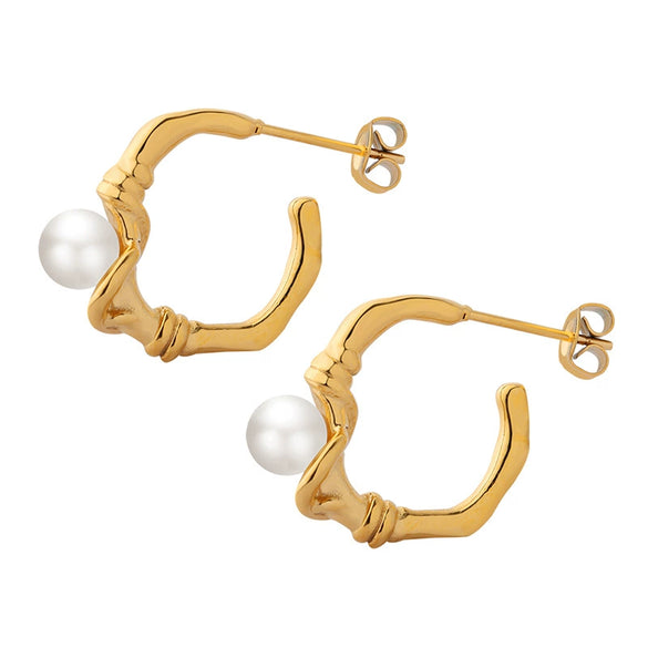 Retro Style Geometric Imitation Pearl Inlaid 316L Stainless Steel Goldplated Ring Knotted Earrings