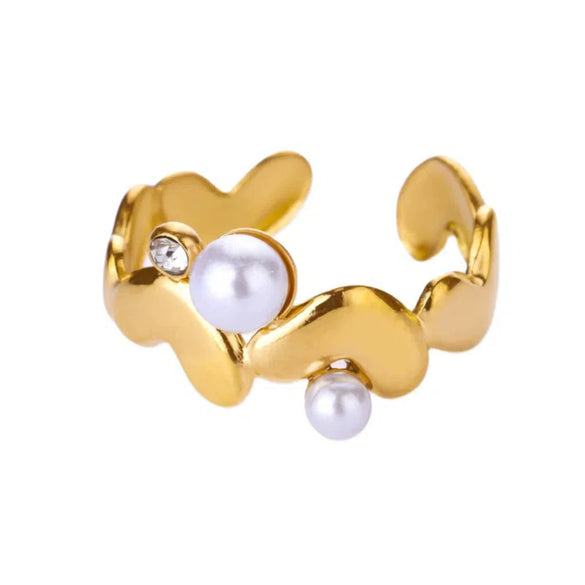 Retro Style Irregular Imitation Pearl And Stainless Steel Heart Shape Open Ring For Women With Electroplating