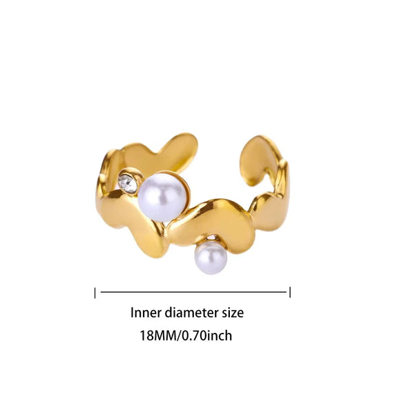 Retro Style Irregular Imitation Pearl And Stainless Steel Heart Shape Open Ring For Women With Electroplating