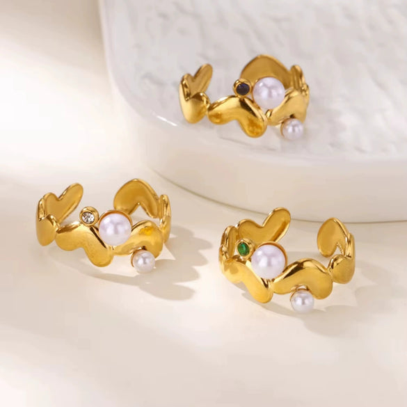 Retro Style Irregular Imitation Pearl And Stainless Steel Heart Shape Open Ring For Women With Electroplating