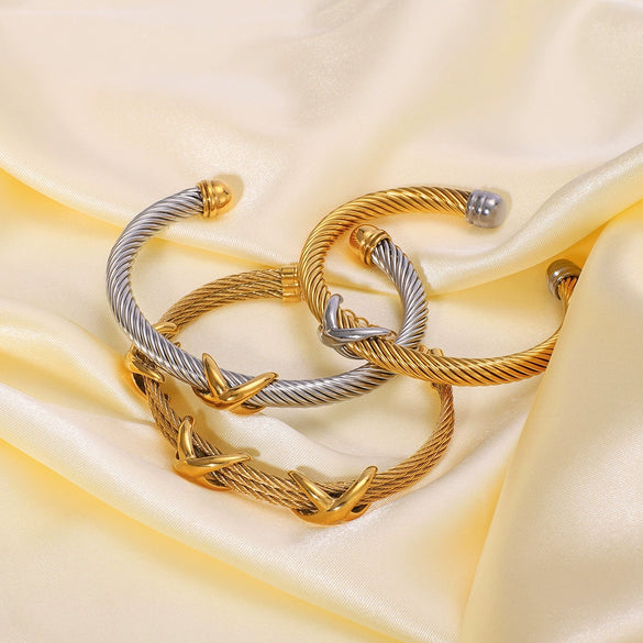 Retro Style Letter Woven Open Bracelet Stainless Steel 18K Gold Plated Jewelry
