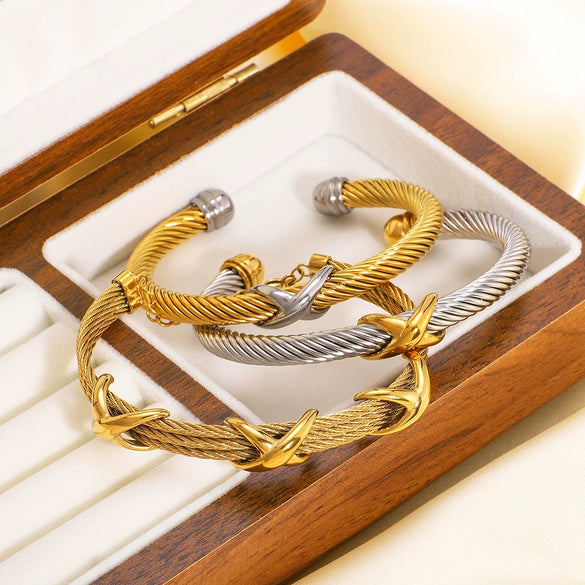 Retro Style Letter Woven Open Bracelet Stainless Steel 18K Gold Plated Jewelry