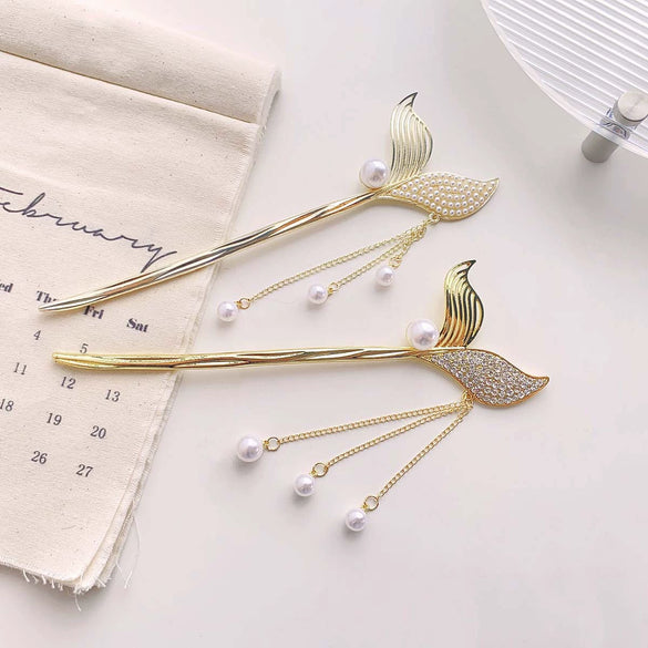 Retro Style Metal Handmade Fishtail Pearl Rhinestone Tassel Hairpin Hair Accessories