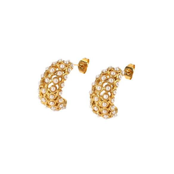 Retro Style Pearl Hollow Zircon Electroplated Stainless Steel Women's Earrings With Geometric Pattern