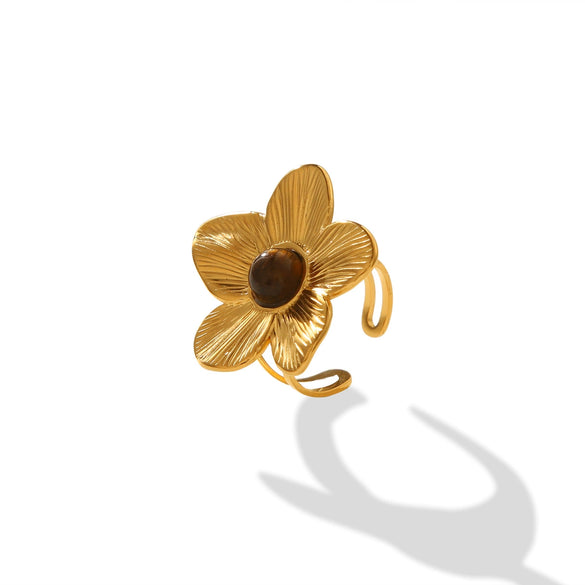 Retro Style Stainless Steel Ring With Tiger Eye And Flower Geometric Pattern Electroplated Women's Jewelry