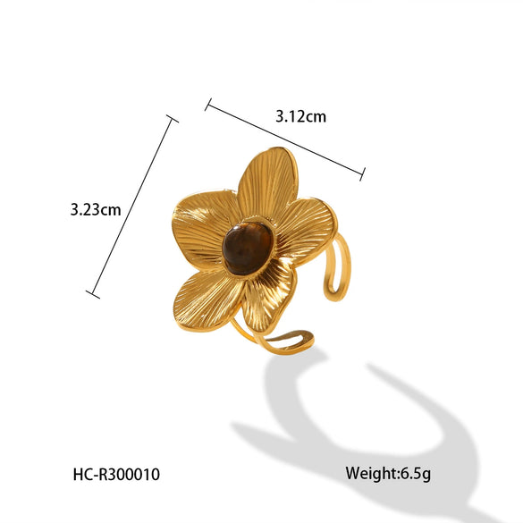 Retro Style Stainless Steel Ring With Tiger Eye And Flower Geometric Pattern Electroplated Women's Jewelry