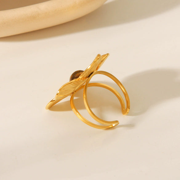 Retro Style Stainless Steel Ring With Tiger Eye And Flower Geometric Pattern Electroplated Women's Jewelry