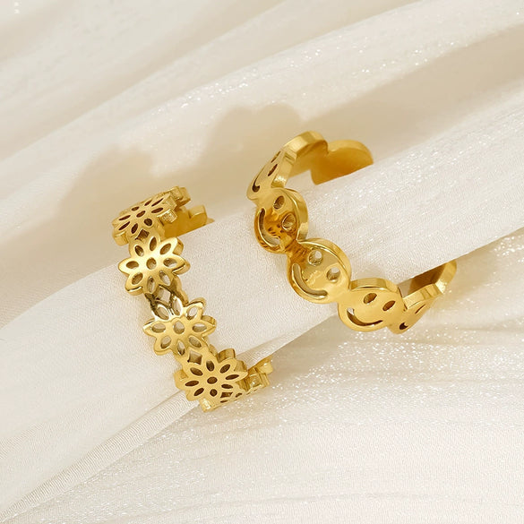 Retro Style 316L Stainless Steel Geometric Smiley Face Open Ring With Electroplating
