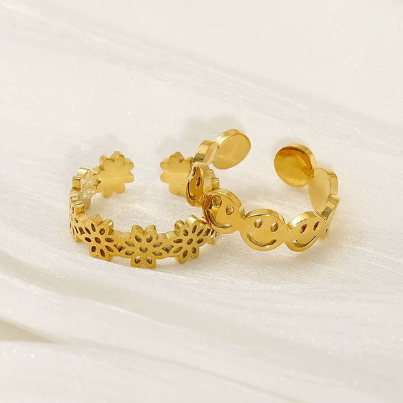 Retro Style 316L Stainless Steel Geometric Smiley Face Open Ring With Electroplating