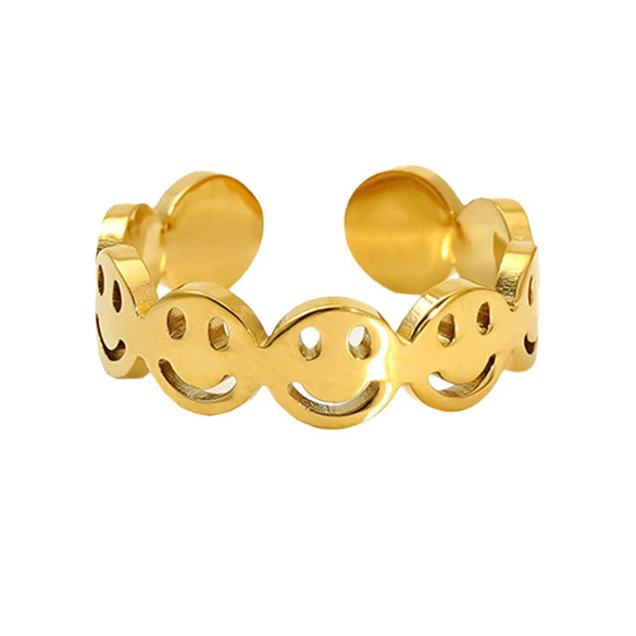 Retro Style 316L Stainless Steel Geometric Smiley Face Open Ring With Electroplating