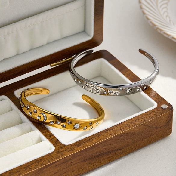 Retro Sun And Moon Open Bracelet With Diamond Accents Gold Plated Stainless Steel Star Jewelry For Women