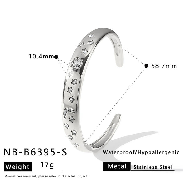Retro Sun And Moon Open Bracelet With Diamond Accents Gold Plated Stainless Steel Star Jewelry For Women