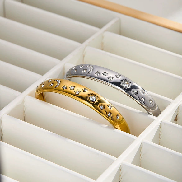 Retro Sun And Moon Open Bracelet With Diamond Accents Gold Plated Stainless Steel Star Jewelry For Women