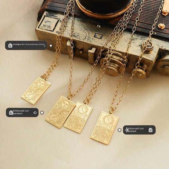 Retro Sun Moon Embossed Titanium Steel Plated Clavicle Chain Necklace For Men And Women