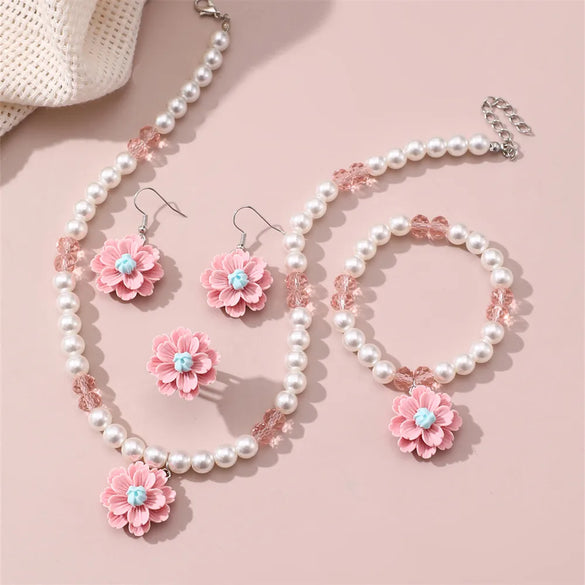 Retro Sweet Flower Resin Inlay Pearl Girl'S Jewelry Set