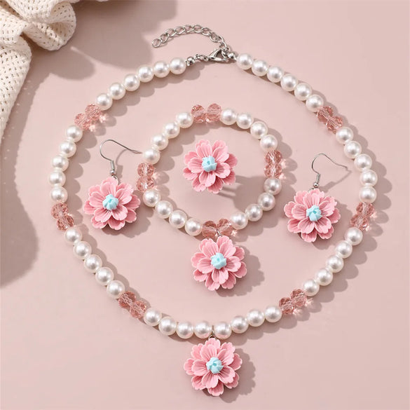 Retro Sweet Flower Resin Inlay Pearl Girl'S Jewelry Set