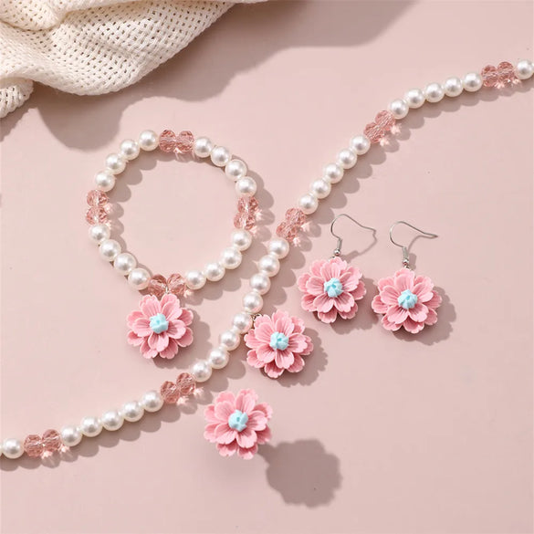 Retro Sweet Flower Resin Inlay Pearl Girl'S Jewelry Set
