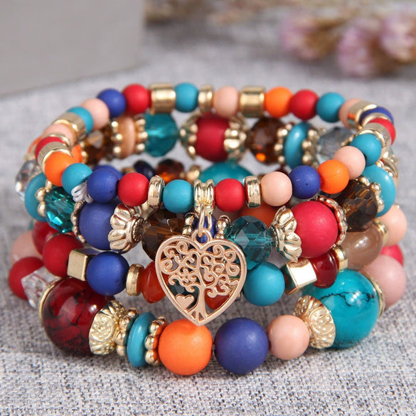 Retro Tassel Multi Layer Mixed Color Beaded Women's Alloy Geometric Woven Bracelet With Electroplating