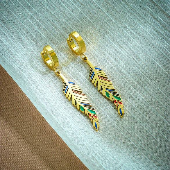 Retro Titanium Steel Gold Color Drop Oil Leaf Pendant Earrings With Geometric Pattern And Electroplating Design Unisex Long Earrings