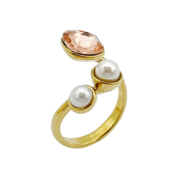 Retro Trendy Commuter Pearl Pink Crystal Gemstone Stainless Steel Electroplated Ring