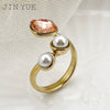 Retro Trendy Commuter Pearl Pink Crystal Gemstone Stainless Steel Electroplated Ring