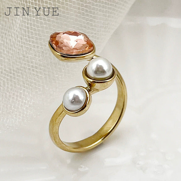 Retro Trendy Commuter Pearl Pink Crystal Gemstone Stainless Steel Electroplated Ring