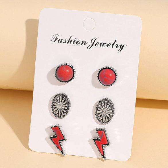 Retro Turquoise Alloy Earrings Three Piece Set With Lightning Pumpkin Flower Design And Electroplating Treatment