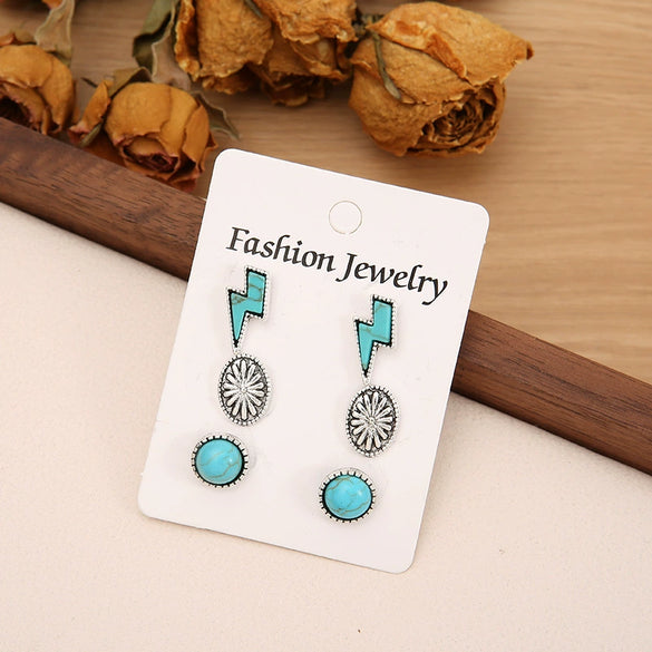 Retro Turquoise Alloy Earrings Three Piece Set With Lightning Pumpkin Flower Design And Electroplating Treatment